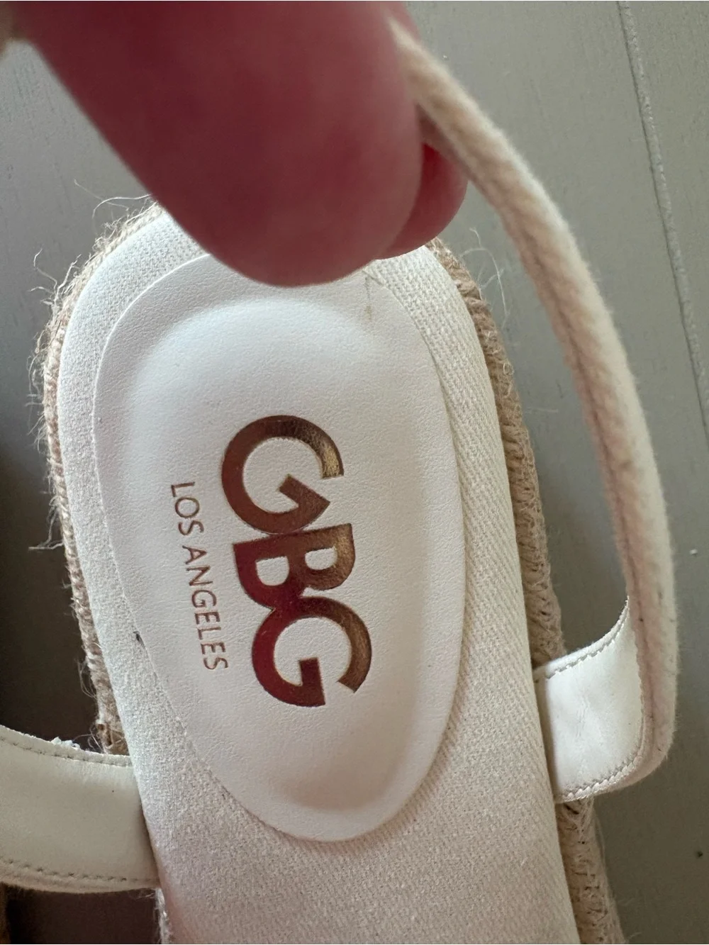 GBG Los Angeles Cream Espadrille Wedge Sandals with Gold G Emblem